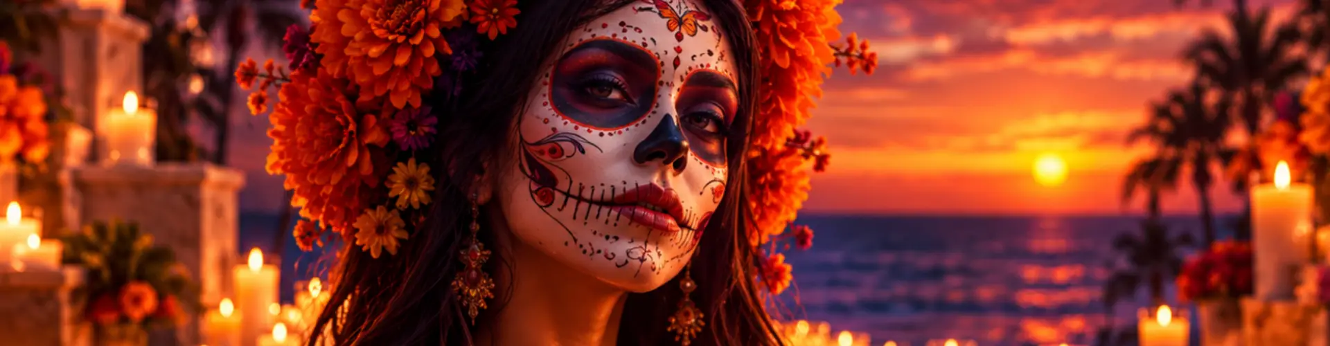 A woman wearing traditional Catrina makeup, orange flowers, and lit candles to celebrate the Day of the Dead in Mexico.