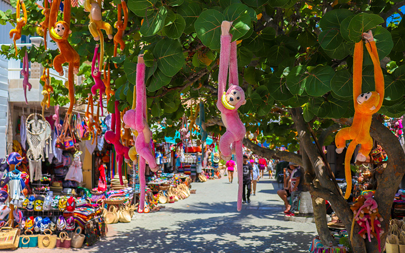Isla Mujeres downtown decorated with monkey stuffed animals