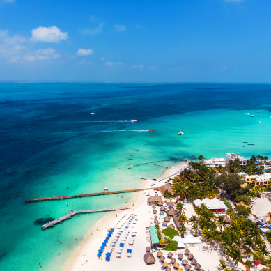 Aerial view of Isla Mujeres and its docks, Cancun, Mexico