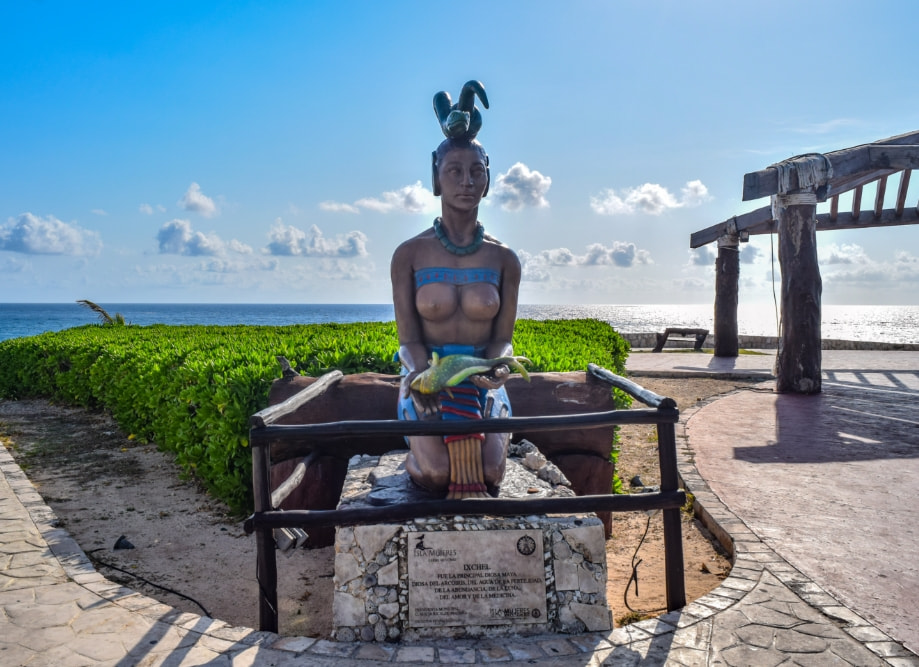 Statue of the goddess Ixchel in the temple in her honor in Isla Mujeres