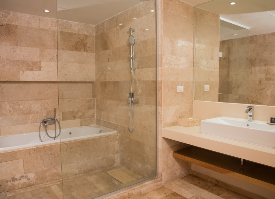 Bathroom with bathtub and shower in the Aluxes Room
