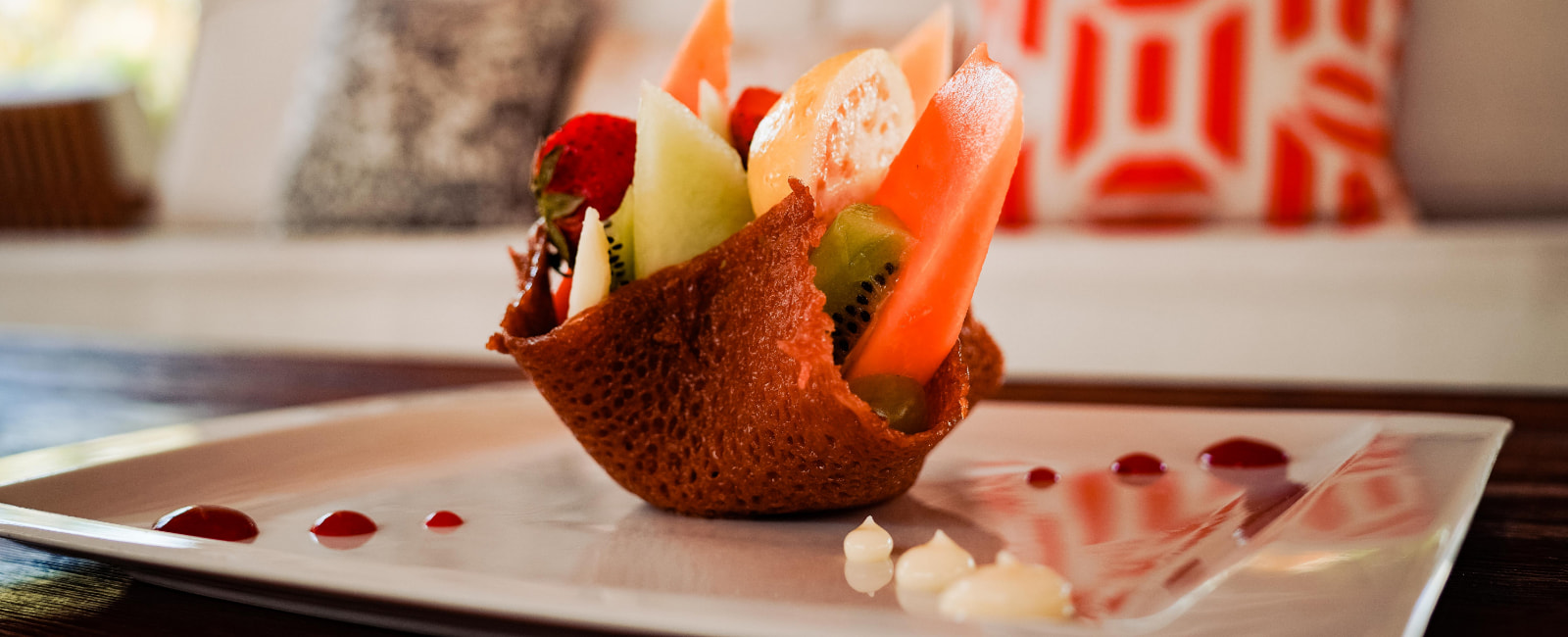 Fruit dessert in the dining room of Sabor restaurant